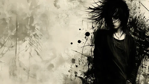 Solitary emo figure merges with abstract ink splatter field