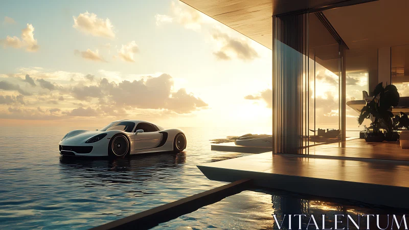 Luxury supercar glides beside a serene oceanfront villa at dusk