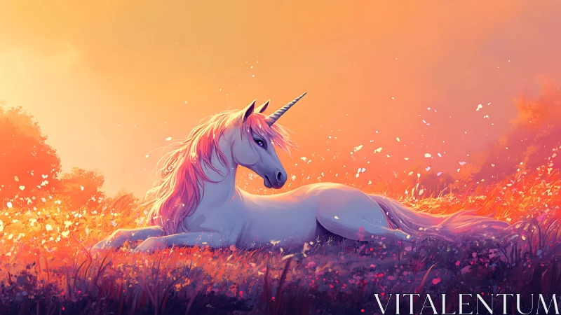 Unicorn resting in glowing orange meadow at sunset.
