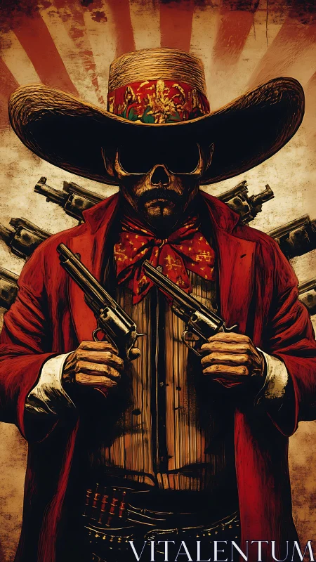 Stylized gunman in red coat with pistols and wide hat.