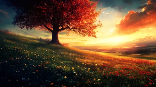 Lone red tree on glowing hillside at vivid sunset sky.