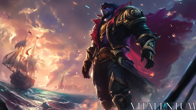 Armored sea captain stands over ocean with burning fleet.