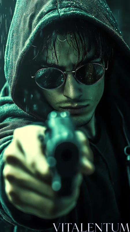 Hooded gunman in rain, cinematic teal close-focus portrait.