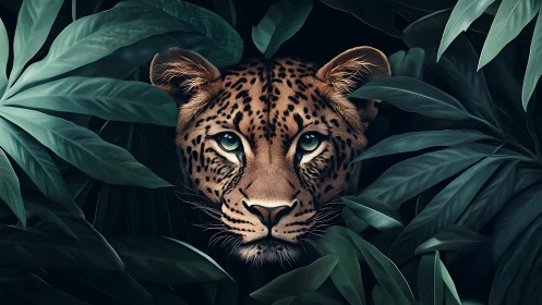 Leopard portrait framed by teal jungle foliage in chiaroscuro.
