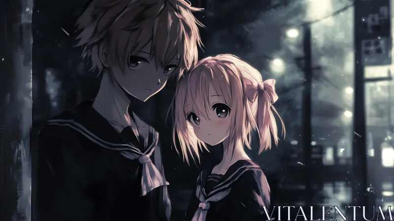 Melancholic anime students in rain-soaked nocturnal alleyway