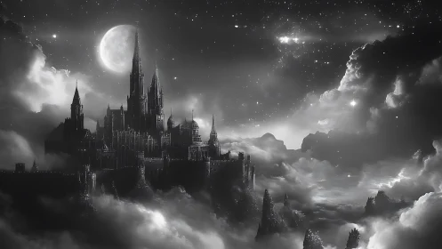 Moonlit gothic citadel rises through silver storm clouds.