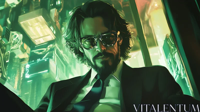 Man in suit and sunglasses in green lit urban interior.