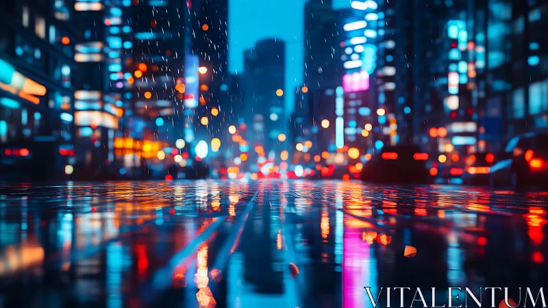 Rain-soaked urban street at night with defocused traffic lights.