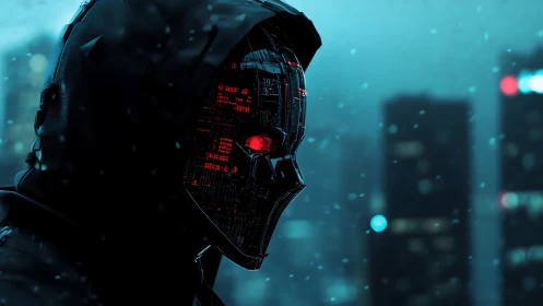 Hooded cyber guardian watching over a neon winter city.