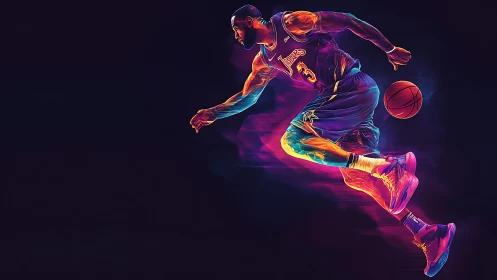 Neon-spectrum vectorized basketball sprint under motion blur.