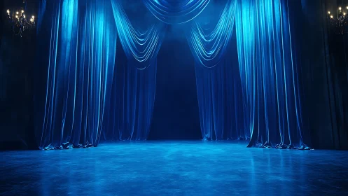 Closed blue stage curtains frame an empty reflective floor