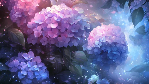 Ethereal Hydrangeas Glowing in Luminescent Blue and Pink.