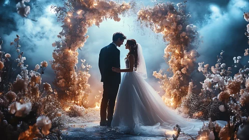 Moonlit wedding vows beneath a glowing floral archway.
