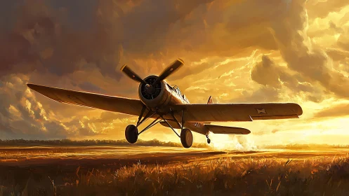 Vintage propeller aircraft lifts off glowing sunset field