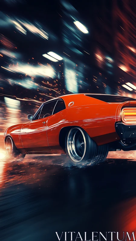 Crimson muscle car carves neon streaks through rainy midnight