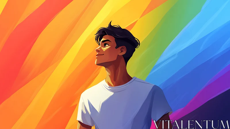 Young dreamer standing in a hopeful rainbow glow.