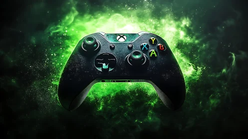 Xbox Controller Engulfed in Neon Green Energy Particles