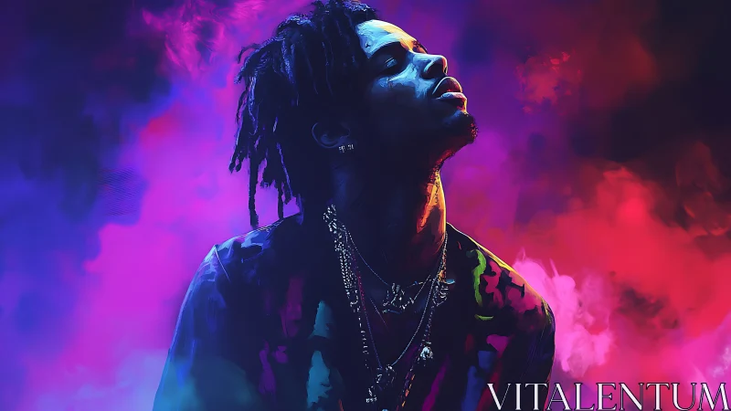 Neon-lit portrait isolates a singer in vaporous chromatic haze