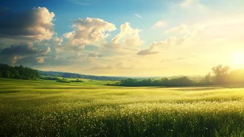 Sunlit meadow stretches toward distant tree line at sunset