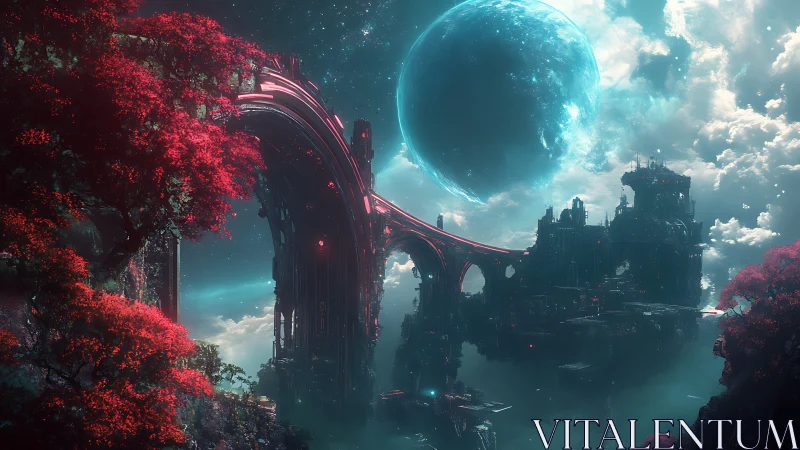 Celestial arcology bridge under azure twin-moon sky.