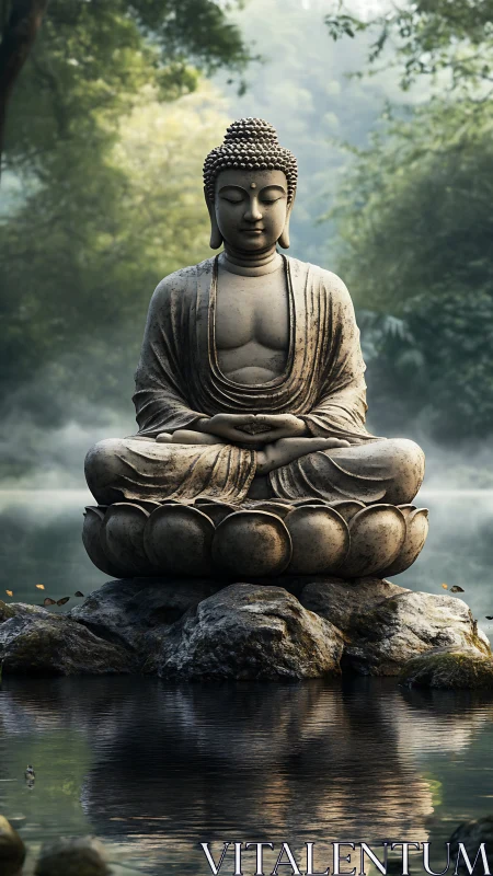 Stone Buddha statue rests over misty reflective water.