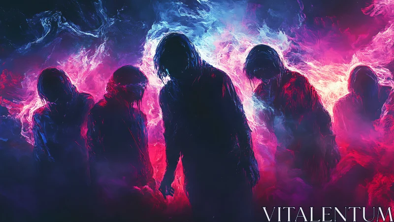 Shrouded silhouettes emerge within neon smoke and burning light