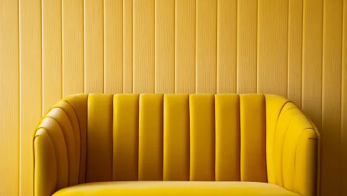 Sunlit mustard lounge chair against vertical panel glow.