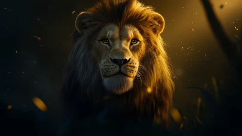 Majestic lion portrait glows against dark golden bokeh haze