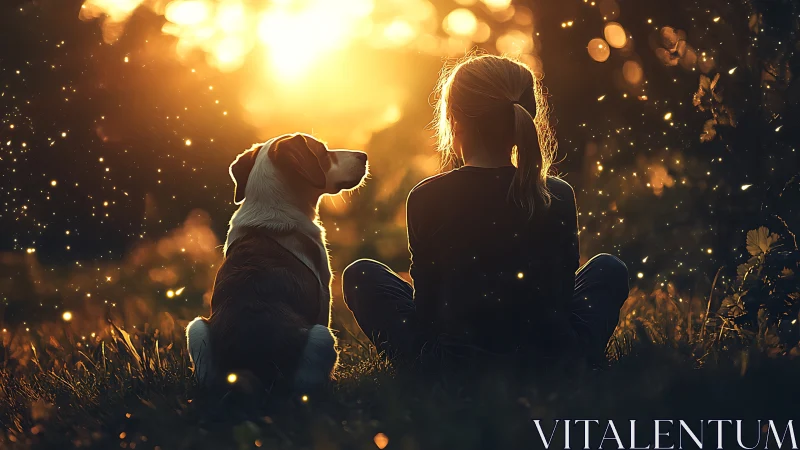 Backlit child and dog in sunset meadow with glowing particulates