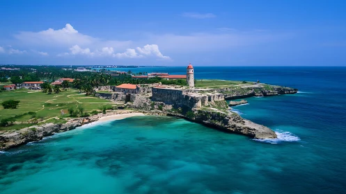 Fortress Lighthouse Coastal Cove Caribbean Aerial Perspective.