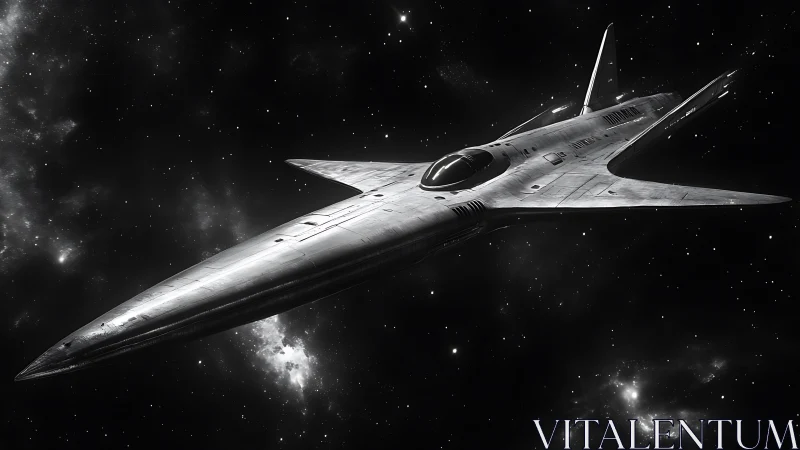 Futuristic silver starship glides through deep outer space
