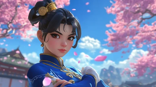 Cherry blossoms salute the poised warrior in cobalt silk