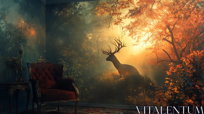 Stag in glowing forest framed beside vintage red armchair.