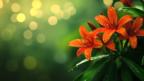 Red Lilies with Dew Droplets Against Bokeh-Rendered Green Background
