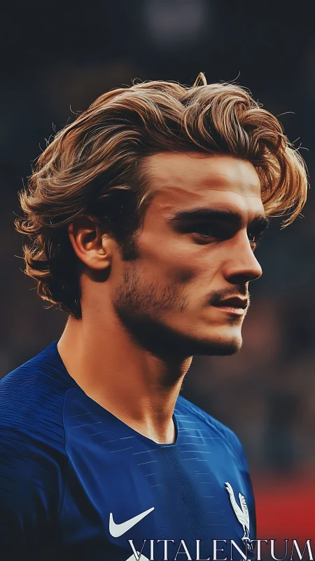 Focused male soccer player in blue national team jersey.