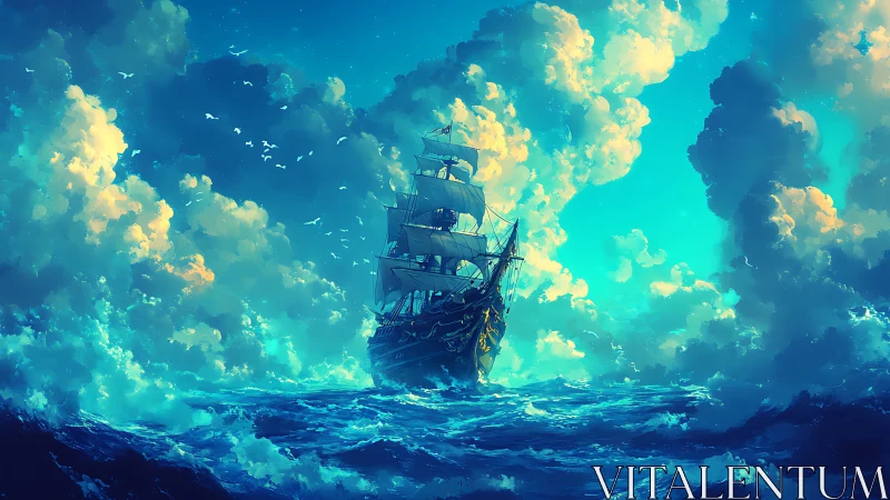 Sailing vessel crosses turbulent sea under dense cumulus clouds