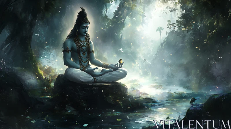 Divine blue figure meditates beside a misty forest stream
