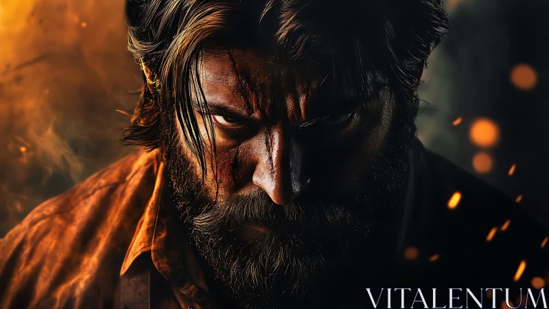 Intense bearded man glares through drifting embers and shadows