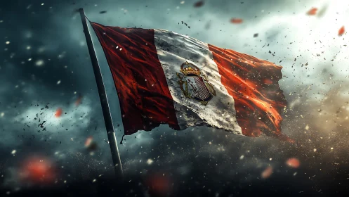 Weathered tricolour flag with crest flutters in storm sky