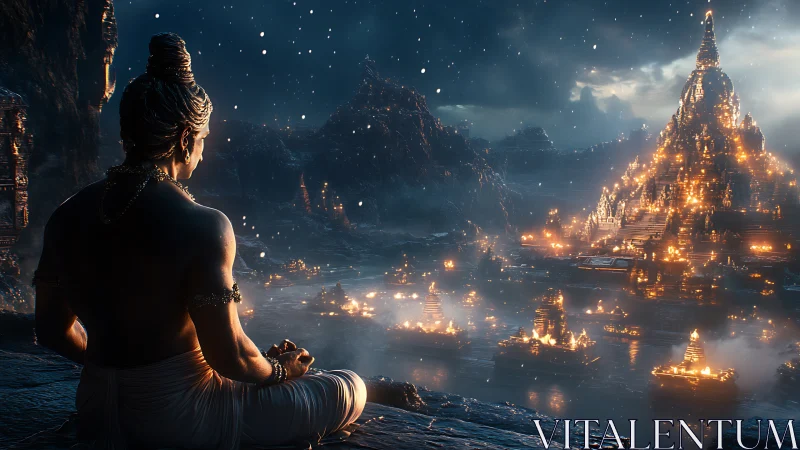 Meditating ascetic overlooking luminous stepped temple city.