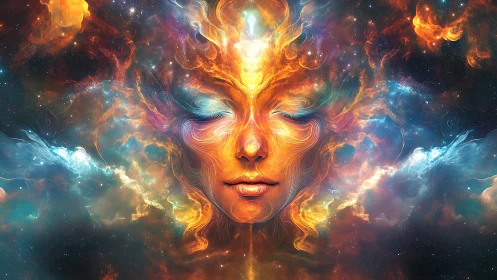 Cosmic feminine visage dissolves into swirling nebulae