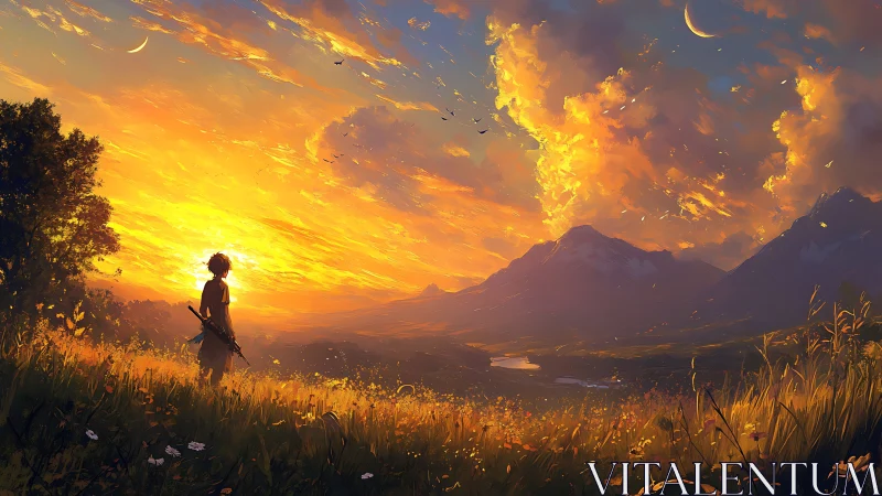 Sunlit wanderer pausing in a golden valley at twilight.