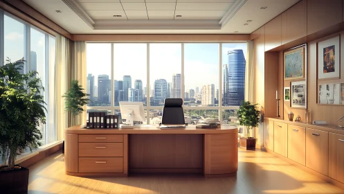 Modern Executive Office with Panoramic Skyline Vista.