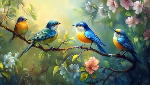 Colorful Bluebirds on Blossoming Branch in Lush Artistic Style.