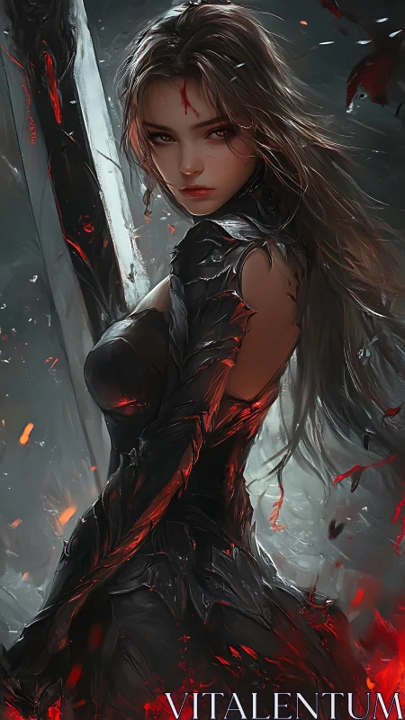 Armored female warrior holds sword amid embers and smoke