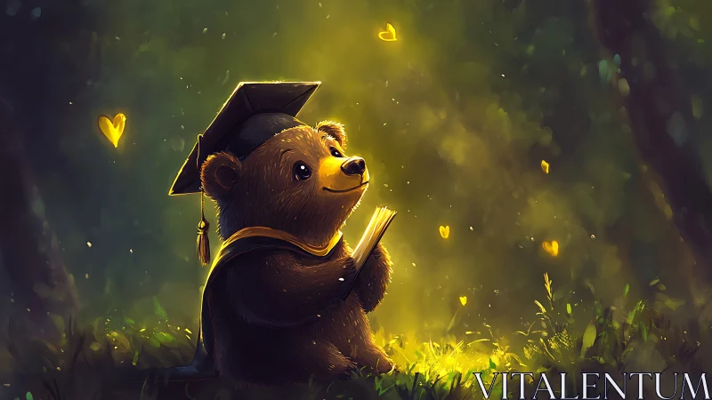 Graduation bear reading in forest with glowing hearts.