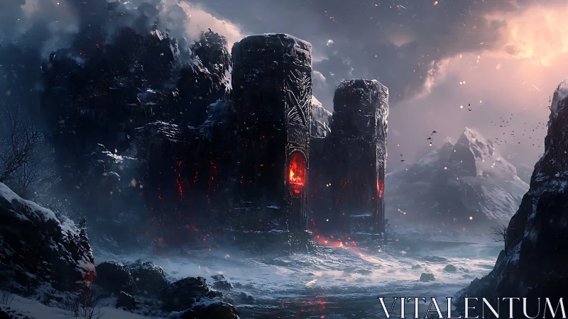 Digital painting of infernal fortress in glacial wasteland.