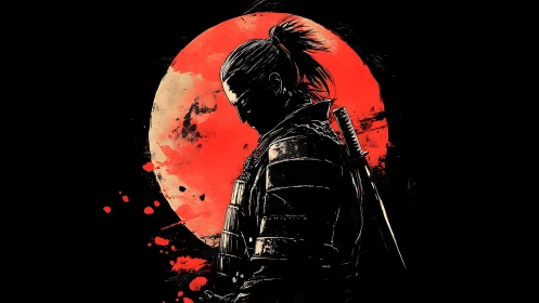 Samurai silhouette stands before textured red circular backdrop