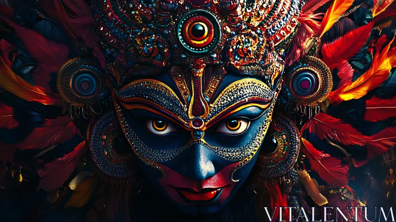 Ornate blue goddess mask glows amid red feathered headdress