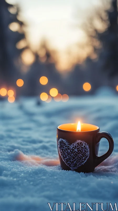 Candlelit mug in snow with soft winter bokeh lights.
